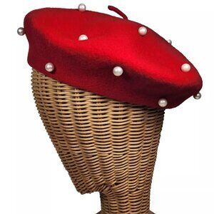 Vintage Women’s 100% Wool Red Beret Cap Hat French Style Pearl Studs